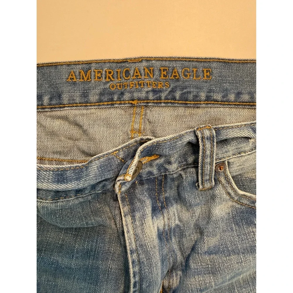 American Eagle Distressed Straight Leg Jeans Mens 32x34 Blue Denim Raw Hem